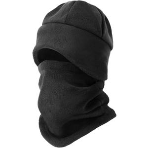 Winter Beanie Hat Scarf Set with Ear Flaps for Men Women Knit Fleece Lined Skull Cap Windproof Neck Warmer Gaiter (Black)