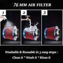 Cold Air Intake Filter, High Performance, Washable Filter, Clamp-On Replacement Air Filter, Flange Diameter 3inch/76mm Red