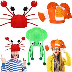 Kasyat 3 Pcs Squid Octopus Clown Fish Crab Silly Hats for Adults Ocean Sea Animal Funny Party Costume Animal Cap Crazy and Creative Hat for Halloween Christmas Masquerade Cosplay Prop, Medium