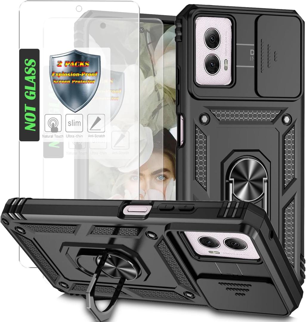 AYMECL for G Power 2024 Case with Slide Camera Cover & [2 Packs] Explosion-Proof flim,Built-in 360 Rotate Ring Stand Cover Case for Motorola Moto G Power 5G 2024 6.7 inch-Black