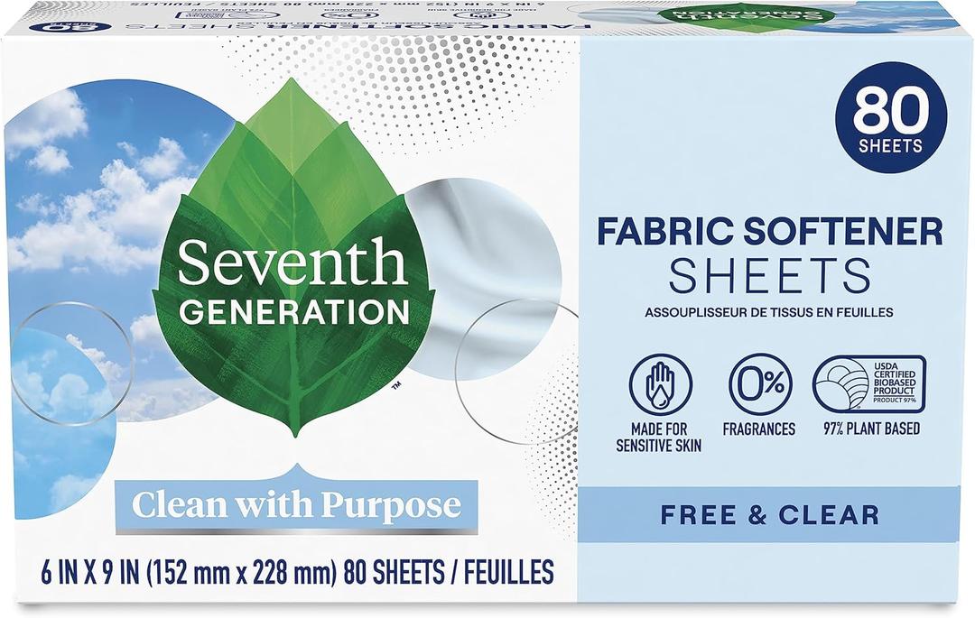 Seventh Generation Dryer Sheets Laundry Fabric Softener, Free & Clear Made for Sensitive Skin, 80 Sheets (80 Count (Pack of 1))
