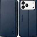 SHIELDON Genuine Leather Case Wallet for iPhone 17 Pro Max 6.9-inch 2025 | Foldable Kickstand, RFID Blocking 3 Credit Card Holder, Magnetic, Shock-Absorbent Phone Cover - Navy Blue