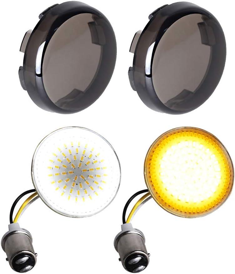 NTHREEAUTO 1157 LED Front Turn Signals 2 Inch Bullet Smoked Lens Cover Compatible with Harley Dyna Sportster Road King Street Glide Softail Iron 883, 2nd Gen SMD Bulbs (Amber/White (Halo SMD))