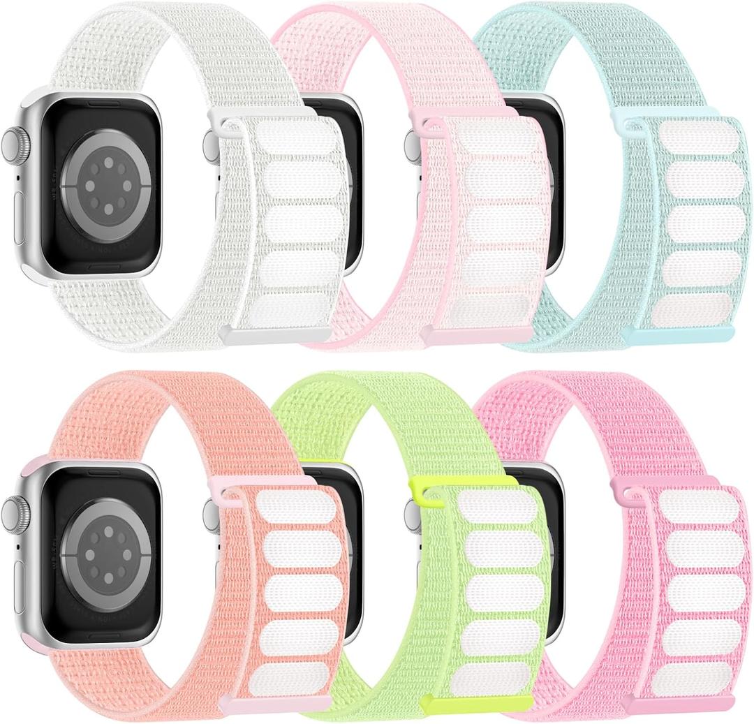 6 Pack Sport Nylon Loop Band Compatible with Apple Watch Bands 38/40/41mm/42mm for Women Men, Adjustable Breathable Braided Straps for iWatch Series 10 (Bright Pink/Bright White/Bright Orange/Bright Green/ Light Pink/Light Cyan)