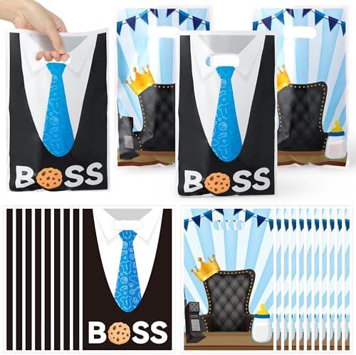GaofanWai 50PCS Baby Party Favor Bags for Kids, Black Blue Boy Goodies Candy Treat Plastic Bags Bulk with Handles, Boss Boy Party Decorations for Little Gentleman 1st 2nd Birthday Baby Shower Supplies