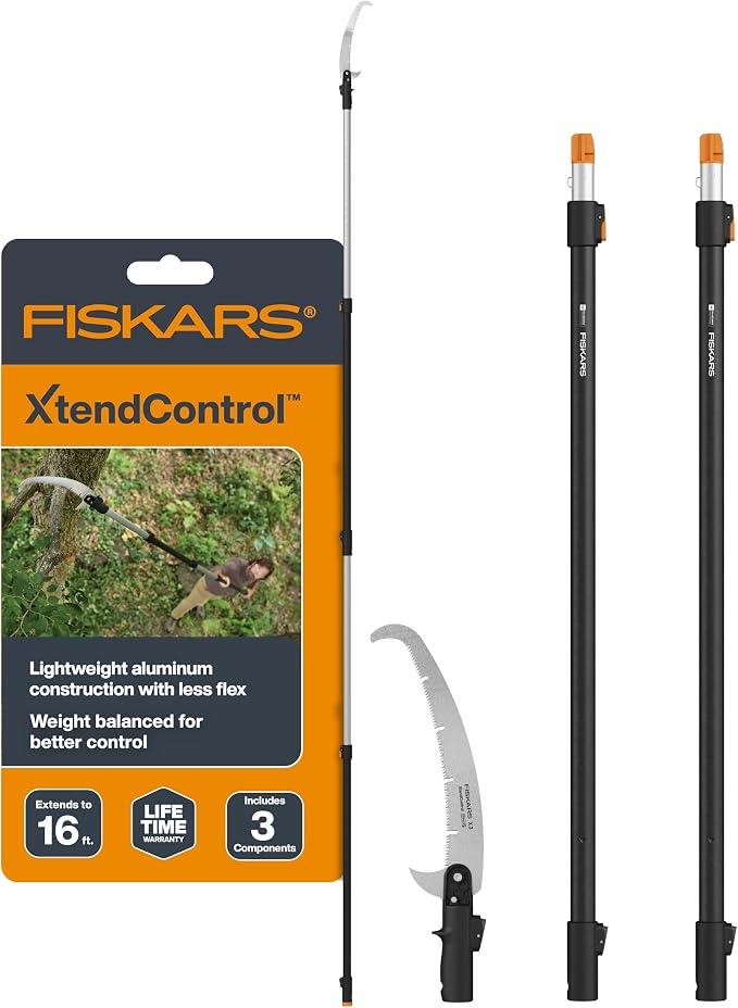 Fiskars 4-16 Ft XtendControl Extendable Modular Pole Saw & Tree Trimmer
15" X3 Double-Hooked Saw, Two 4-8 Ft Extension Poles, Fast Cutting with Sawdust Reliefs, Secure Locking System