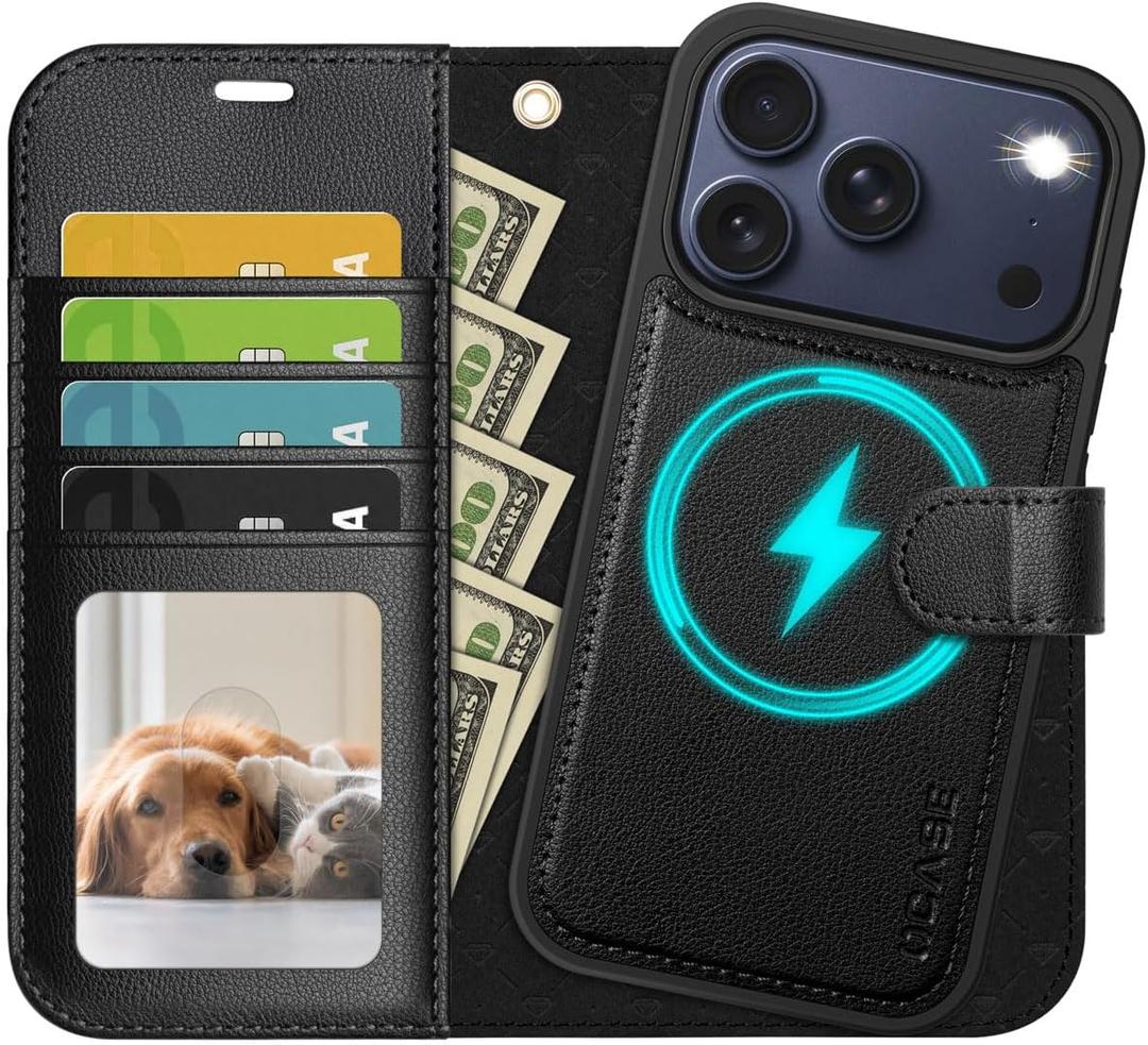 OCASE for iPhone 17 Pro Max Detachable Wallet Case with Card Holder, 2 in 1 PU Leather Flip Folio with RFID Blocking Stand Wrist Strap Shockproof Phone Cover 6.9 Inch 2025, Litchi Black