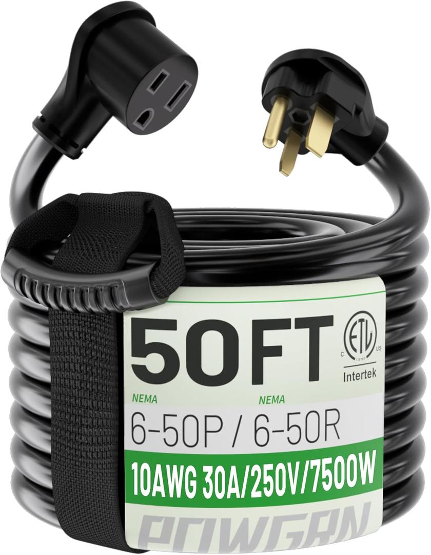 POWGRN 30 AMP 50ft Welder Extension Cord Outdoor 10 Gauge, 250V NEMA 6-50 Heavy Duty Welding Cord 3 Prong, 10AWG SJTW Black, ETL