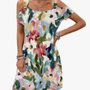 Womens Summer Dress Cold Shoulder Scoop Neck Short Sleeve Spaghetti Strap with O Ring Fashion Sundress with Pockets