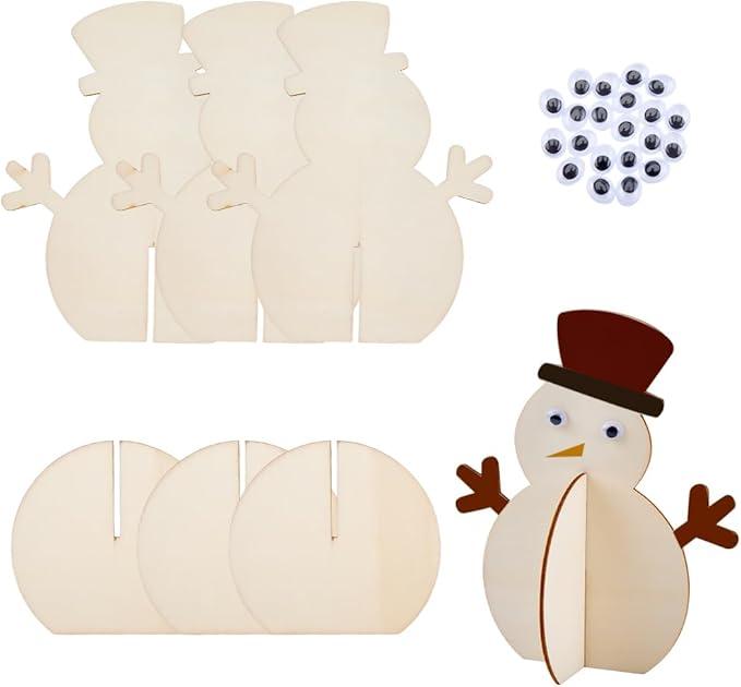6Pcs Unfinished Wood Snowman DIY Wooden Christmas Kits with Eyes Cabochons Blank Slotted 3D Winter Small Figures Slice Ornaments Centerpieces for Christmas Desk Table Tabletop Mantel shelf