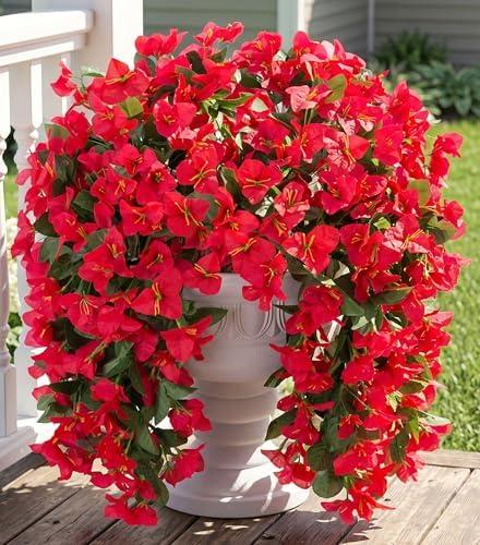 Faux Bougainvillea Artificial Flowers Plants for Outdoor Outside Decoration,  PCS Red Fake Flowers UV Resistant Look Real Silk Long Trailing Vines for Front Door Porch Planter Urn Patio Garden Yard