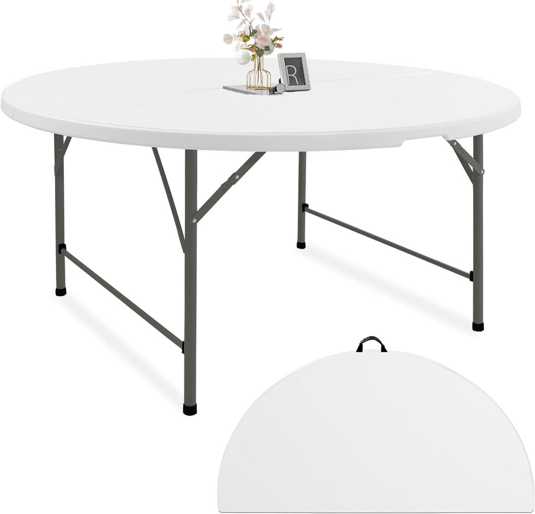 Fivenl 5 FT Round Folding Tables White Foldable Table, Fold-in-Half with Carrying Handle Portable Plastic Table for Party, Dining, Wedding, Camping, Picnic, Indoor Outdoor Events