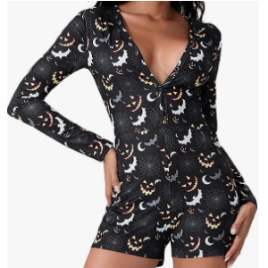 Miqil Women Short Onesie Pajamas Halloween Christmas Print Sexy Bodycon Long Sleeve V Neck One Piece Sleeper Romper Jumpsuits (Small, Grey Witch Bat)