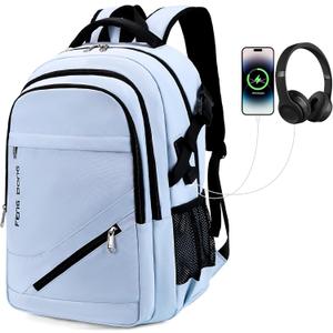 FENGDONG 17.3 inch Large Laptop Backpack Durable Waterproof Travel College Backpack Bookbag for Men & Women Business Backpack with USB Charging Port,Headset Port Light Blue