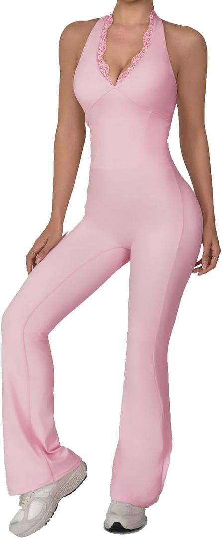 Women Workout Scrunch Flare Jumpsuits Lace Deep V Hanging Neck Halter Backless Butt Lift Gym Yoga Jumpsuits (Large, Pink)