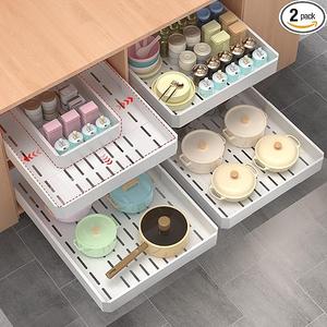 Timboniture Pull out Cabinet Organizer 2 Pack,Adjustable Width (14"19") and Depth (17"24"),No Drill Slide out Drawers for Kitchen,Pantry,Adhesive Roll out Shelves,for Cabinets Without Lip,White