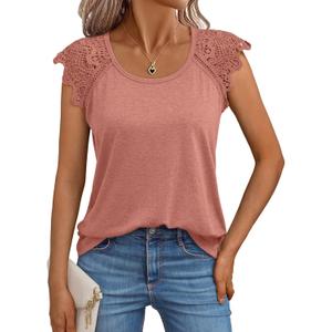 AUTOMET Womens Tops Casual Dressy Lace Summer Tee 2026 Cap Sleeve T Shirts Cute Basic Trendy Fashion Spring Outfits (Pink, XL)