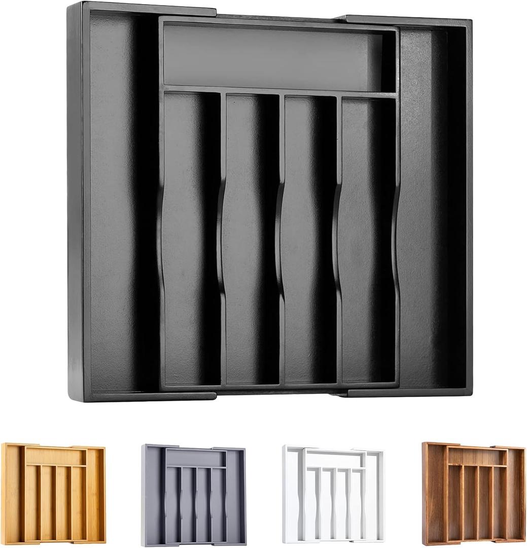 Bellsal Black Silverware Organizer Kitchen Drawer Organizer Expandable Bamboo Utensil Holder Cutlery Tray for Kitchen Utensil and Flatware Bedroom Office (7 Slots Expandable)