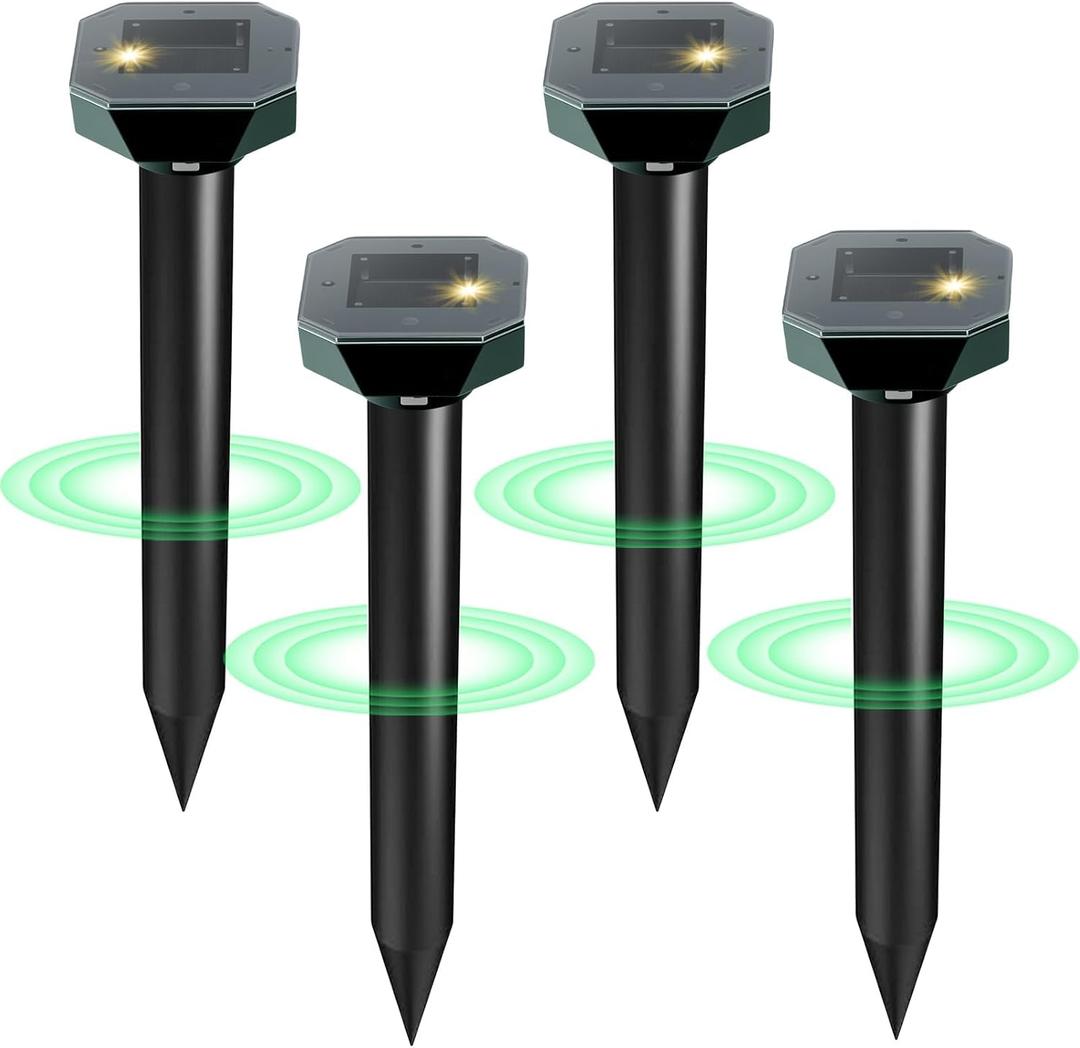 Snake & Mole & Rabbit & Skunk Repellent Solar Powered, 2025 Upgraded Ultrasonic Deterrent, IP65 Waterproof, Gopher Groundhog Chipmunk Raccoon and Vole Repellent & Deterrent for Lawn & Garden, 4 Pack