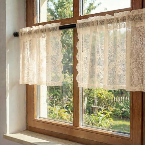 Horaldaily Beige Lace Valance Curtains for Living Room Bedroom, Boho Farmhouse Floral Sheer Curtains, Rod Pocket, Light Filtering, Vintage Sheer Drapes, 55" W x 14" L, 2 Panels