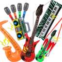24 Pcs Inflatable Instruments Party Props Set Inflatable Guitar Microphone Saxophone Bass Recorder Piano Theme Rock Decorated Vintage Period Party