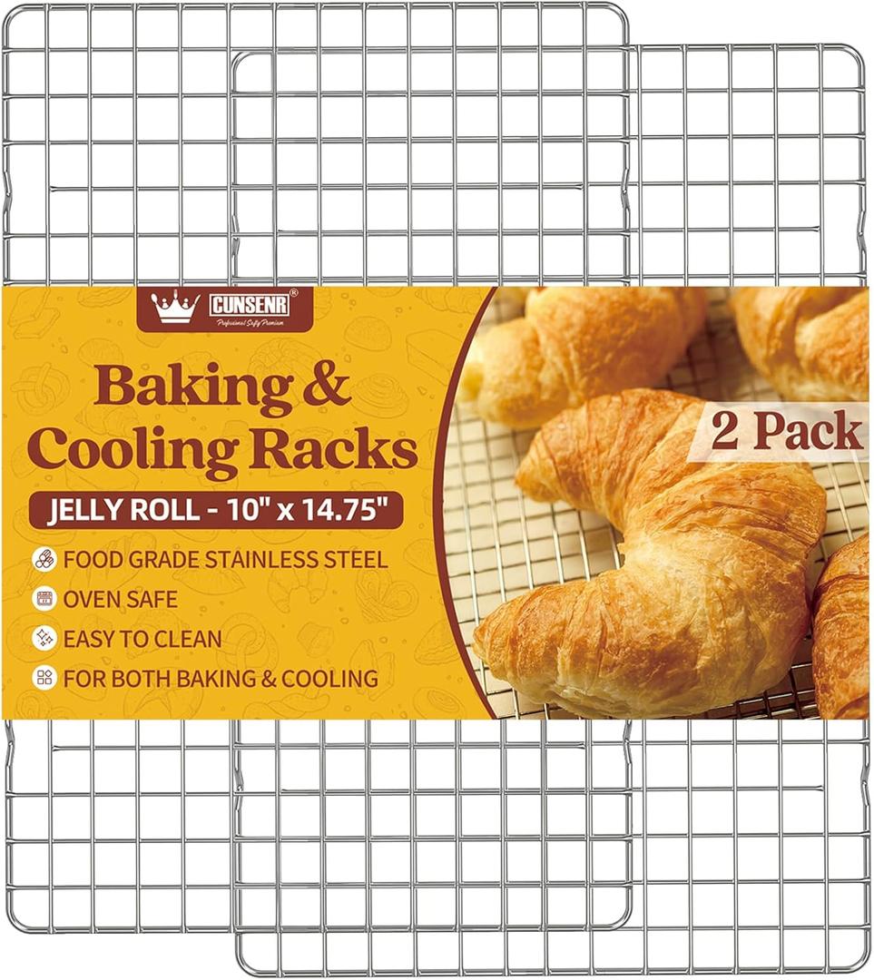 CUNSENR Cooling Rack for Baking and Cooking - 10" x 14.75" Stainless Steel Wire Rack - Heavy Duty Cooling Rack for Oven- Perfect for Jelly Roll Sheet & Cookie Pan, Roasting, Dishwasher Safe - 2 Pack