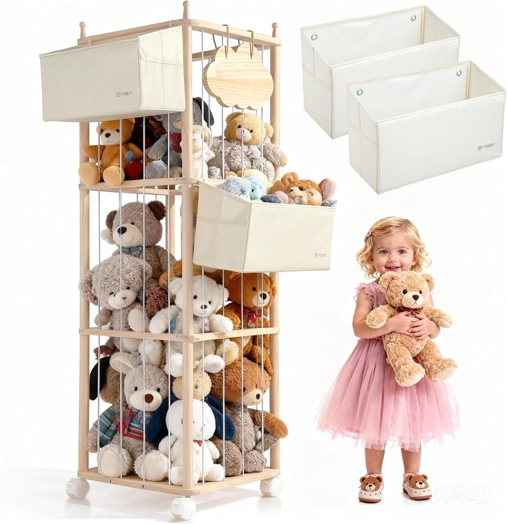 Stuffed Animal Storage & Organizer, with 2-Piece Large Detachable Toy Storage Bags, Wooden Tall Zoo Toys Storage with Wheels for Kids Playroom Kidroom Bedroom, Easy Assemble, 53 Inch