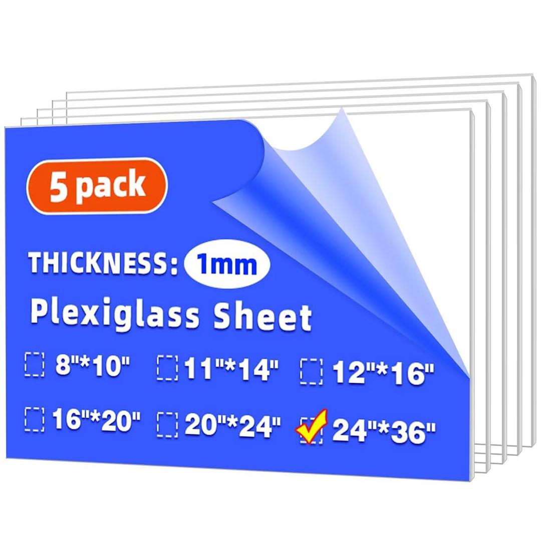 (5 Pack) 24" x 36" Plexiglass Sheets 1mm Thick, Clear Acrylic Sheets Panel Cut to Size Plexiglass Acrylic Board, Cut with Engraver, Power Saw or Hand Tools, No Laser Cut.