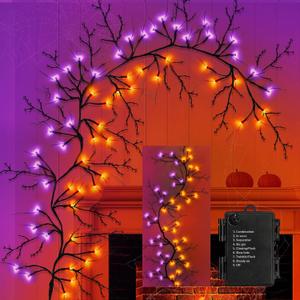 [8 Modes & Timer] 6Ft 54 LED Halloween Willow Vine Twig Garland with Lights - Purple Orange Waterproof Battery Operated Indoor Wall Door Fireplace Mantle Decorations ASIN B
