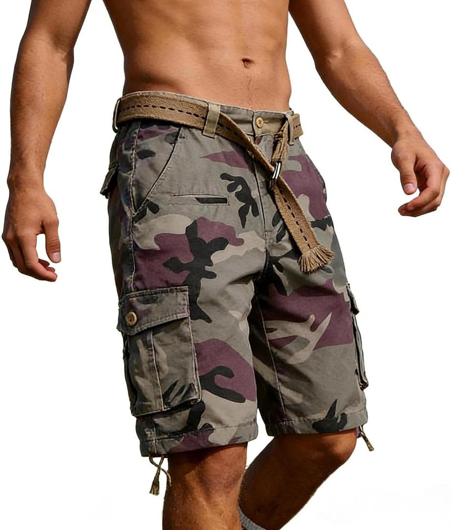 Camo Cargo Shorts for Men Cotton Casual Outdoor Work Relaxed Fit Shorts with Multi-Pockets (Green) 38