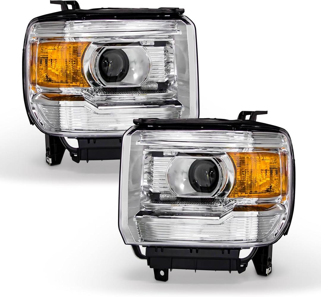 for 2014-2019 GMC Sierra Headlight Assembly 2014-2018 GMC Sierra 1500 Base/Denali/SLE/SLT, 2015-2019 GMC Sierra 2500/3500 Base/Denali/SLE/SLT Chrome Housing Amber Reflector Replacement Pair