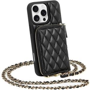 LAMEEKU Compatible with iPhone 16 Pro Max Wallet Case with Card Holder, Quilted Leather Crossbody Zipper Case for Women for iPhone 16 Pro Max 6.9'' Black