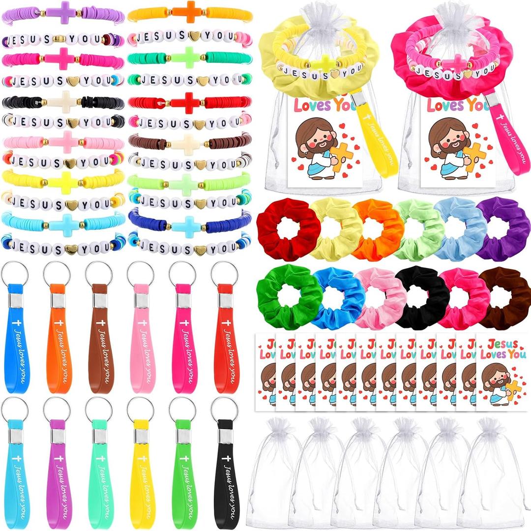 Kenning 72 Pcs Christian Jesus Gift Cards Set Easter Jesus Loves You Party Favor, Cross Bracelets Silicone Keychains Hair Scrunchies Cards Organza Bags for Easter Basket Stuffers Catholic Spring Gift