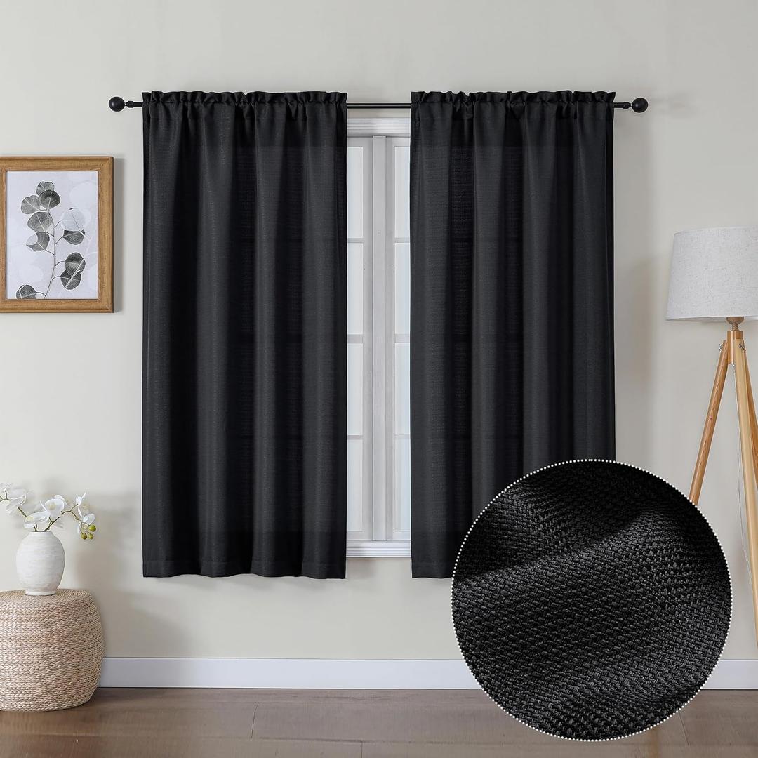 Lecloud Bessie Black Curtains 54 Inch Length 2 Panels Set, Faux Linen Textured Airy Light-Filtering Curtains for Bedroom with Dual Rod Pocket, Burlap Window Treatments, Each 30 W x 54 L (30"W x 54"L (Pack of 2))