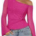 Aupuls Sparkly Tops for Women Bell Sleeve Off Shoulder Top Sequin Concert Outfits (Small, Rose)