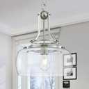 WUZUPS Chandelier Rustic Farmhouse Industrial Round Ceiling Pendant LED Light Fixture with Clear Glass Shades for Dining Room Kitchen Island Foyer Entryway, H 17" x W 13.4", E26 Base, Brushed Nickel (Pendant Light, Brushed Nickel)