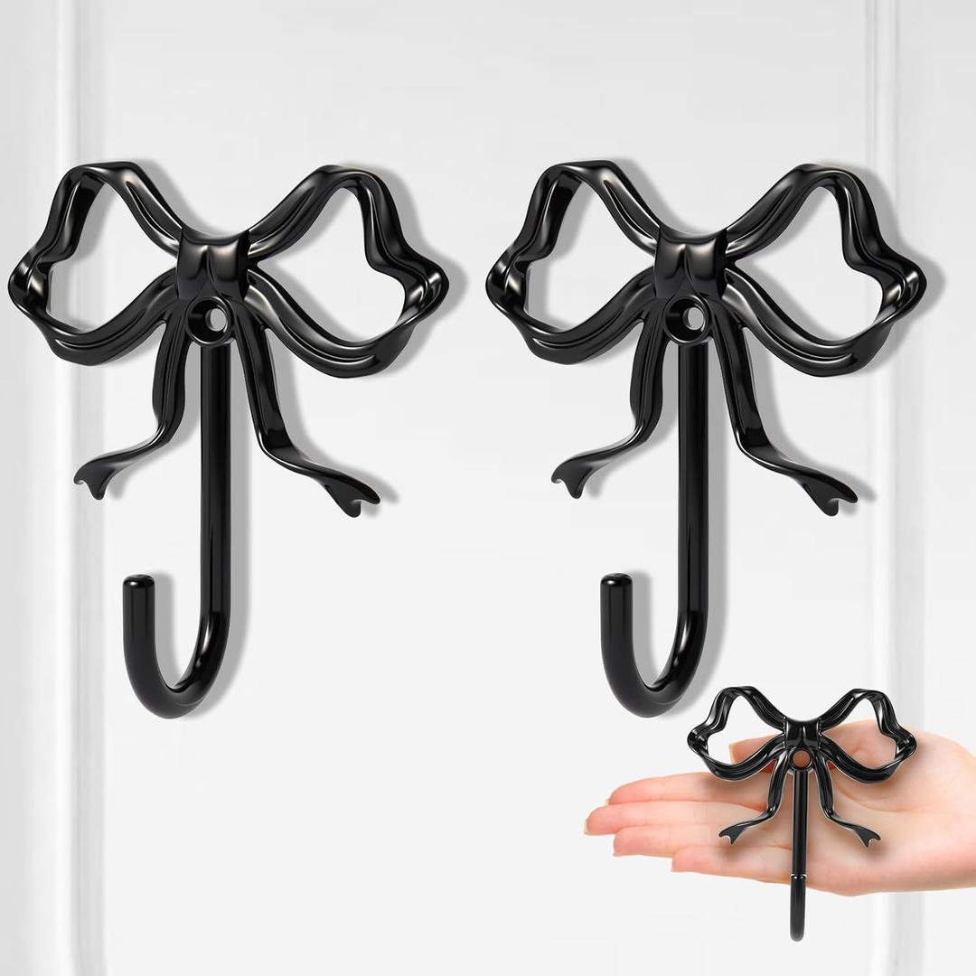 2 PCS Large Size Black Bow Wall Hook, Black Coat Hook, Metal Hooks, Bow Room Decor Hooks for Coats, Coffee Mugs, Hats, Bags, Bath Towels and Room Decorations