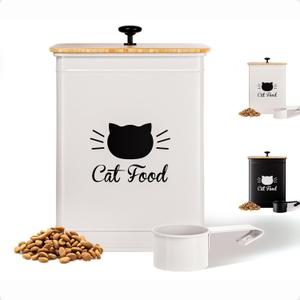 Cat Food Storage Container with Scoop - 5-7 lb (25 Cup) Capacity Metal Cat Food Container with Airtight Bamboo Lid and Metal Scoop - Airtight Pet Food Storage Containers 5 lb - 7 lb Kibble Container (White)