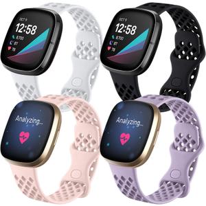 Maledan Sport Bands Compatible with Fitbit Versa 3 Bands for Women Men, 4 Pack Breathable Wrist Band Replacement for Fitbit Versa 4/Versa 3/Sense 2/Sense Smart Watch, Small Black Pink White Lavender