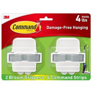 Command Broom and Mop Grippers, 2 Hangers and 4 Command Strips, Damage-Free Hanging Wall Mount Broom and Mop Holder, Household Cleaning Organizer for Organization and Storage, Holds up to 4 lb