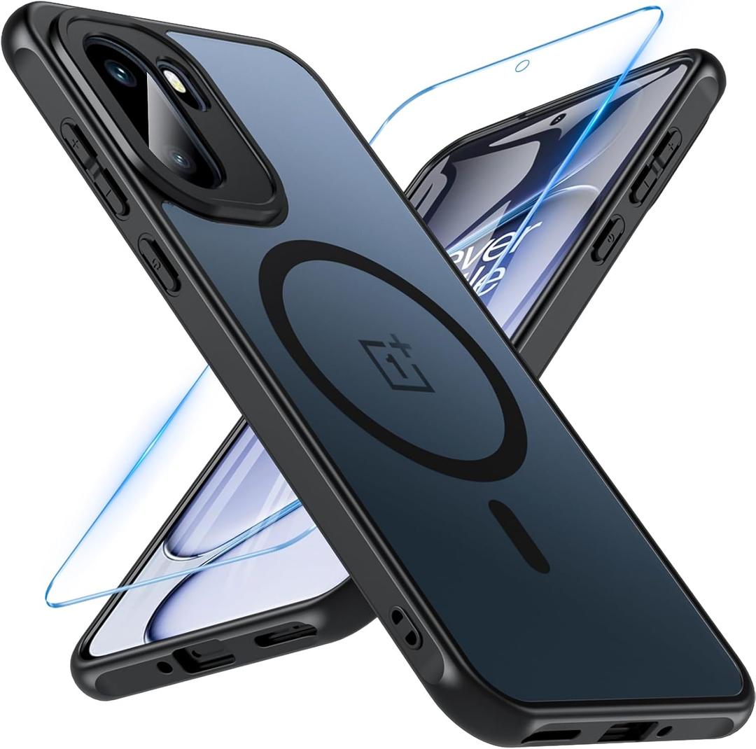Hensinple Magnetic for OnePlus 15R Case, with OnePlus 15R Screen Protector, [Compatible with MagSafe] Translucent Matte Shockproof Military Grade Protection Cover Phone Case for OnePlus 15R 5G(Black)