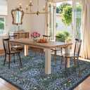Lahome Floral Washable Rugs 8x10, Soft 8x10 Area Rugs for Living Room Bedroom, Boho Non-Slip Blue Forest Design Large Throw Carpet for Farmhouse Dining Room Office Giverny, Blue