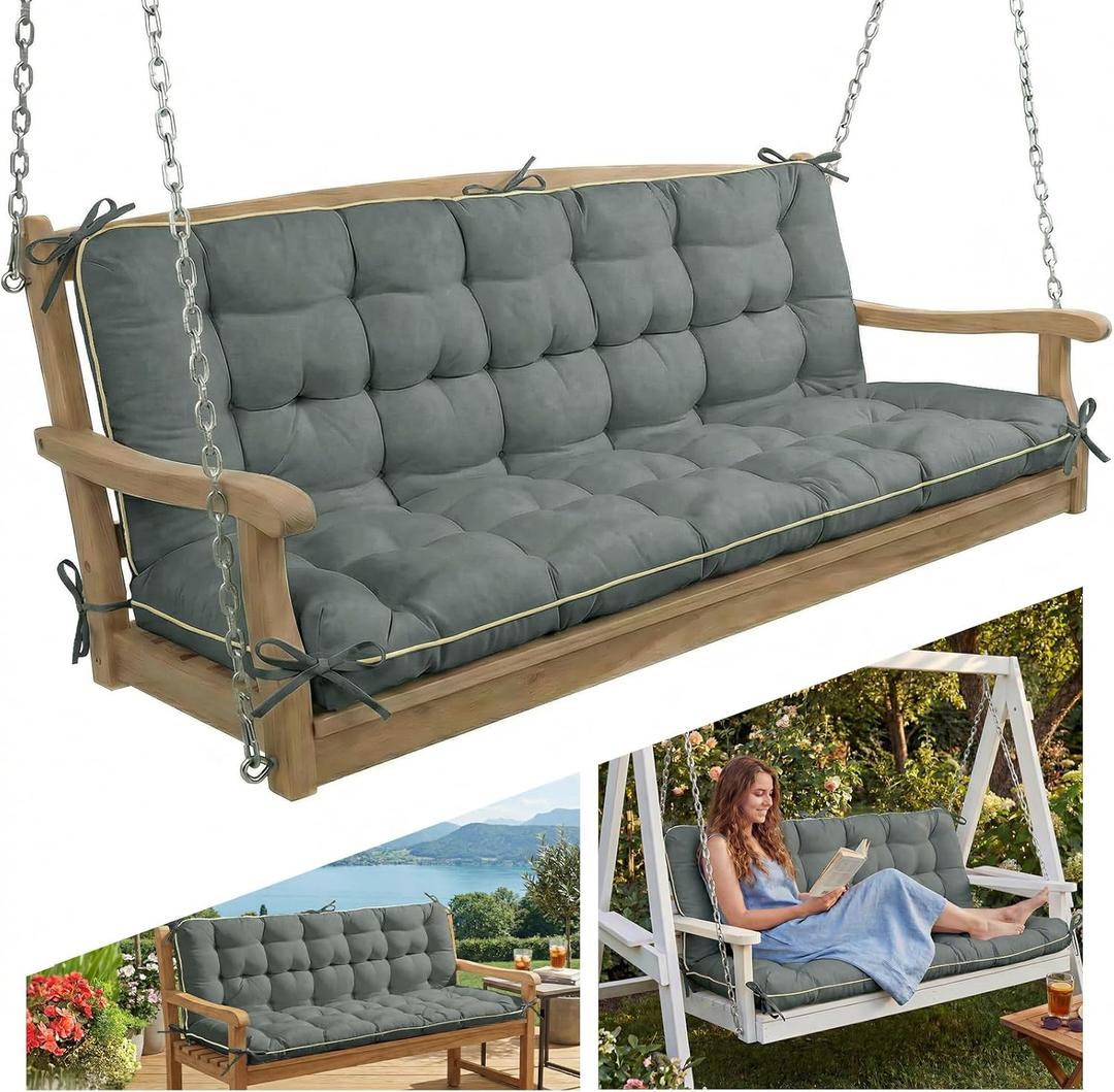 AS AWESLING 6040 INCH Oxford Fabric Swing Cushions with Backrest & Tie Straps - Crushed Sponge Filled for Outdoor Patio Bench, 2-3 Seater Replacement for Swing Chair (Gray, 60 INCH 40 INCH)