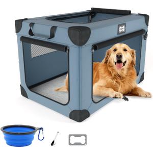 42Inch Soft Dog Crate, Collapsible Soft Travel Crate for Large Dogs, Indoor & Outdoor Portable Pet Kennel with Chew-Proof Mesh Window, Warm Blanket and Foldable Bowl, Blue