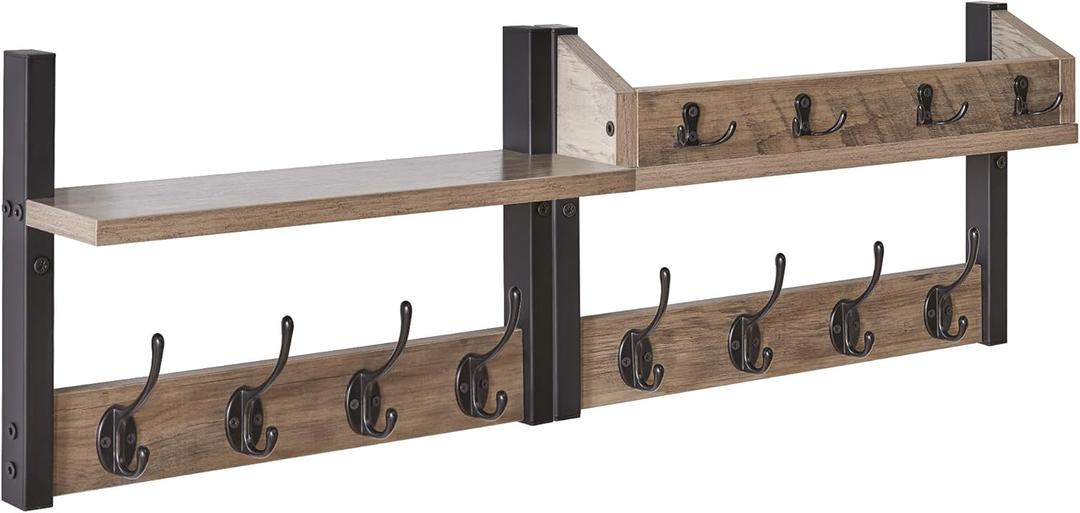YMYNY 31.5" Coat Rack Wall Mount with Shelf, 4 in 1 Key and Coat Hanger with 12 Metal Hooks, Wall Shelf with Hooks & Mail Holder for Living Room, Bedroom, Silver Gray, HWS007Y-2