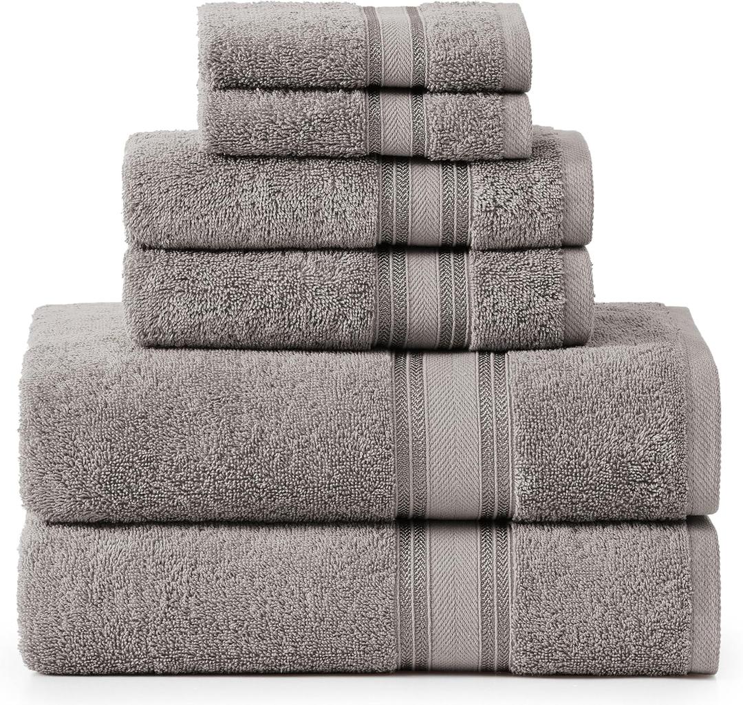 LANE LINEN Luxury Bath Towels Set - 6 Piece 100% Cotton Bathroom Quick Dry Shower Extra Aborbent Towel Super Soft 2 Hand Wash Cloths Space Light Grey