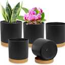 5 Pack Cylindrical Flower Pots with 7/6.5/6/5/4 inch, Modern Small Plastic Plant Pots with Drainage Holes & Saucers, Round Planter Pots for Outdoor, Indoor & Office Decor (Black Brown)