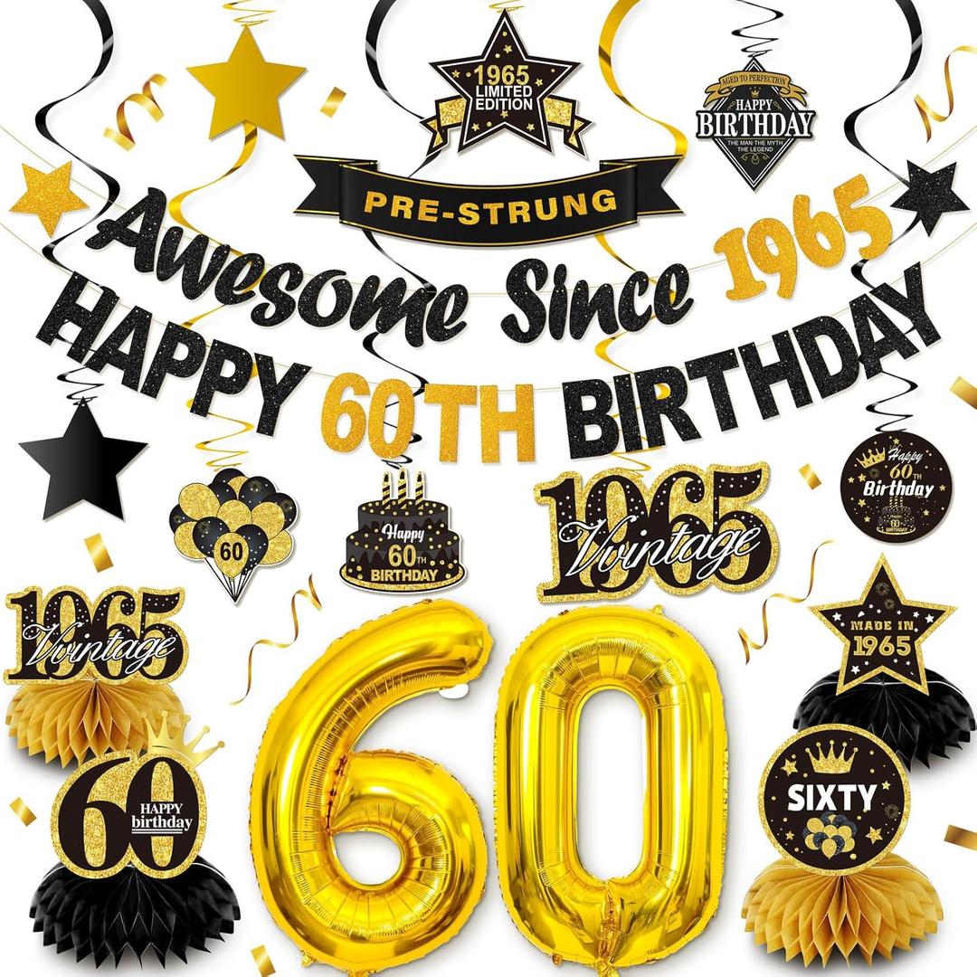 Black Gold 60th Birthday Decorations for Men Women, Vintage 1965 Happy 60th Birthday Party Banner Backdrop60 Bday Balloons Honeycomb Centerpiece Hanging Swirl Sign Supplies(Pre-Strung)