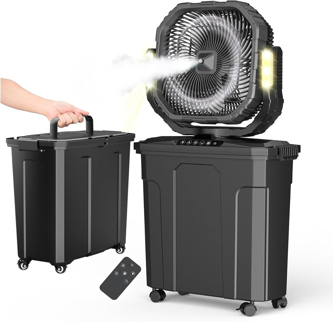 Ausic 20L 12Inch Portable Misting Bucket Fan, 30000mAh Oscillating Outdoor Fans with Remote Control, Rechargeable Battery Powered Camping Fan with Water Spray for Patios, Beach/Travel Essentials (Black)