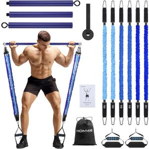 Hommie Portable Pilates Bar Kit with Resistance Bands for Men and WomenUpgraded 3 Section Pilates Bar with Resistance Bands (20-60lb) for Home Gym Equipment Supports Full-Body (Blue)